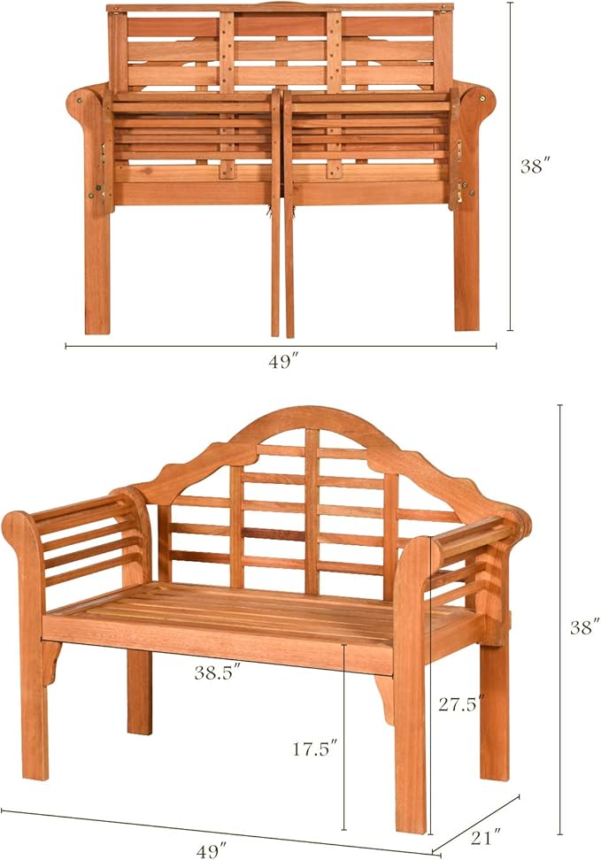 COSTWAY Folding Wooden Bench Outdoor, Crown-Like High Backrest, Patio Eucalyptus Wood Bench for Garden, Park & Porch
