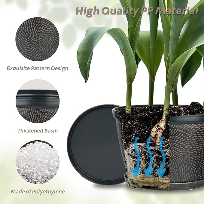 Quarut 4 Pack 8 Inch Flower Pots for Outdoor Indoor, Plastic Plant Pots with Drainage Hole & Saucer, Lightweight Small Flower Pot, Circle Pattern Planters for Garden House planters（Brown）