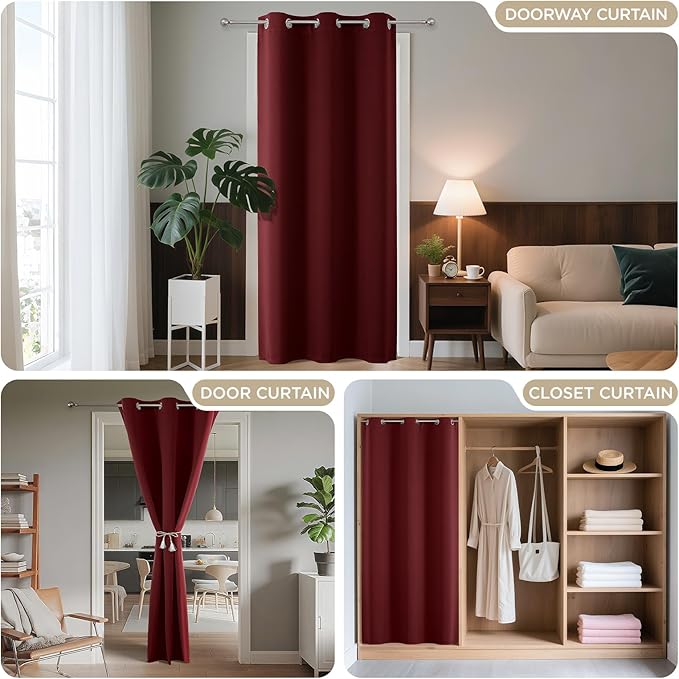 Joydeco Blackout Door Curtain for Doorway Privacy 80 Inches Long, Grommet Closet Curtain for Open Closet, Room Divider for Bedroom Living Room (Burgundy Red, 32Wx80L, 1 Panel)