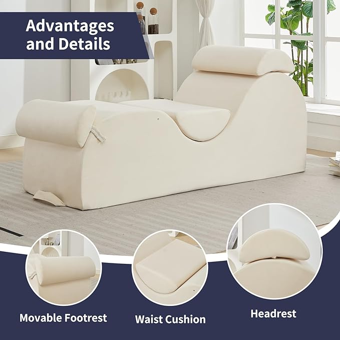 ijuicy Sleek Chaise Lounge Chair for Yoga/Exercise, Indoor Lounger with Headrest, Waist Cushion, Movable Footrest, Side Pockets, Non-Slip Bottom - High Density Sponge, Beige