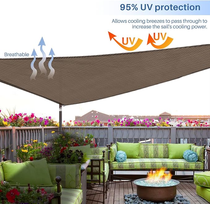 E&K Sunrise 27' x 27' x 27' Sun Shade Sail Triangle Canopy Shade Cover UV Block for Patio Backyard Garden Outdoor (Brown)