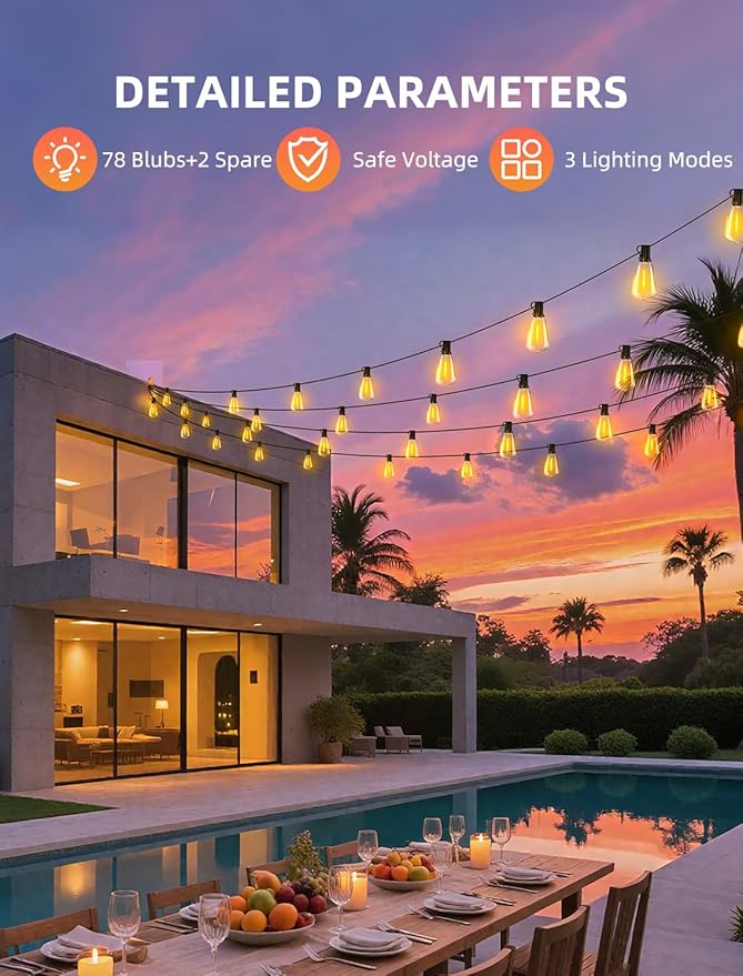 Outdoor Patio String Lights 200ft: ST38 LED Shatterproof Bulbs 3 Modes Button Control - Waterproof Connectable Lights - Wedding Bistro Party Gazebo Backyard Decorative