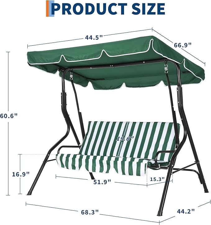 Outdoor Porch Swing Chair with Adjustable Canopy & Striped Seat Cushion for Adults 3-Seat Patio Glider Bench with Thick Cushions Steel Frame Outdoor Swing Chair for Backyard Lawn Garden Green