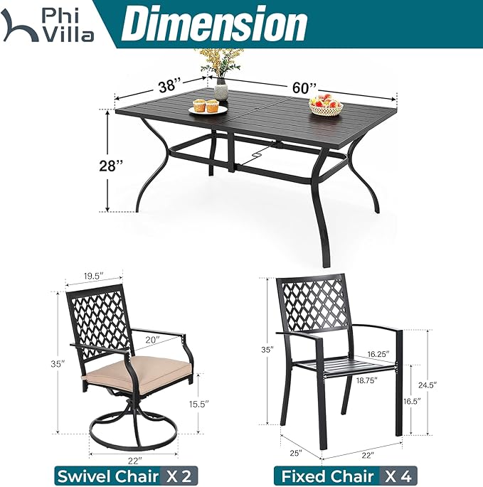 PHI VILLA 7 Pieces Outdoor Dining Set for 6, 60” Rectangular Black Metal Table with Umbrella Hole & Fixed Swivel Chairs Combo, Outside Furniture for Patio, Deck, Backyard, Porch