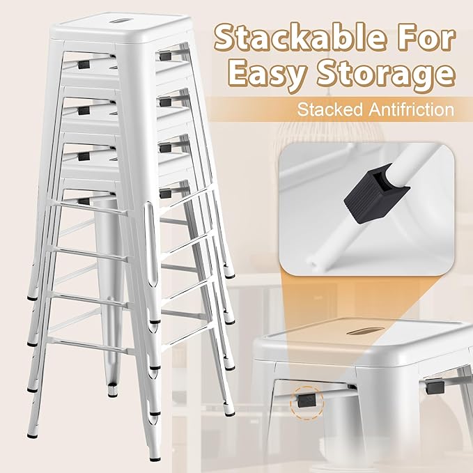 Furmax 30 Inch Metal Bar Stools Set of 4, Counter Height Backless Stools, Industrial Bar Chairs Patio Stool Stackable Backless Stool for Kitchen/Dining Room/Bistro Indoor Outdoor (Distressed White)