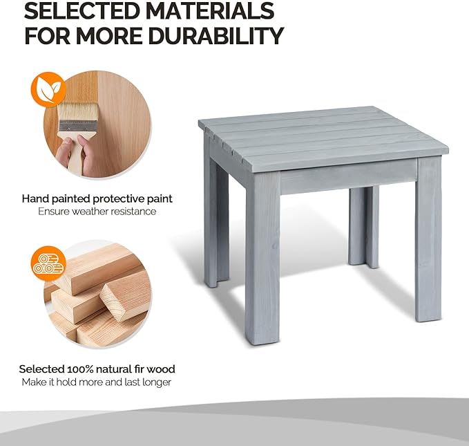 VINGLI Outdoor Wooden Side Table, Square Patio Side Table, Small Outdoor Table for Patio, Backyard, Garden, Poolside, Balcony, Adirondack Conversation End Table (Grey)