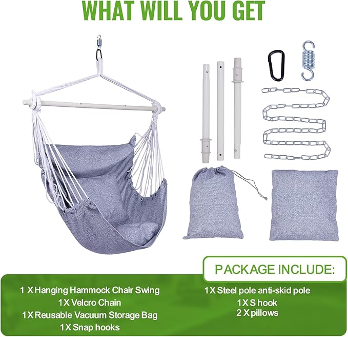 Backyard Expressions Hanging Hammock Chair Swing with Cushions & Hanging Kit – 500 lb Capacity, Cotton Blend Fabric, for Indoor/Outdoor Use – Includes Chain, Hooks & Spring – 5 Colors (Grey)