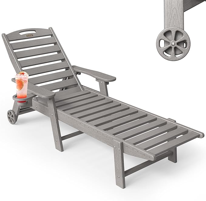 Chaise Lounge Outdoor, Lounge Chair Outdoor with Wood Texture, Adjustable 5-Position Backrest, HDPE Lounge Chair with Wheels & Cup Holder for Pool Deck Backyard, Light Grey
