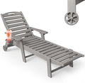 Chaise Lounge Outdoor, Lounge Chair Outdoor with Wood Texture, Adjustable 5-Position Backrest, HDPE Lounge Chair with Wheels & Cup Holder for Pool Deck Backyard, Light Grey