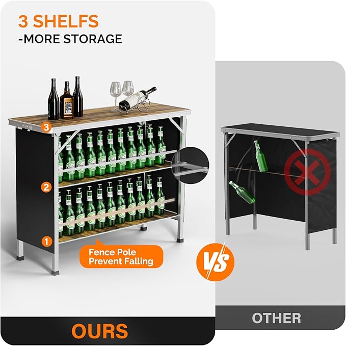 VINGLI 43" Portable Bar Table with Pole, 3-Tier Shelves, Mobile Bar Table for Events, Party, Camping, Picnic, Tradeshow, Indoor with Black Skirt
