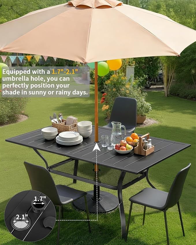 Outvita Outdoor Patio Table for 6 Person, Black Rectangular Metal Frame Patio Classic Dining Table with 1.65" Adjustable Umbrella Hole for Garden Lawn Backyard Deck, 60" L x 35" W x 29" H