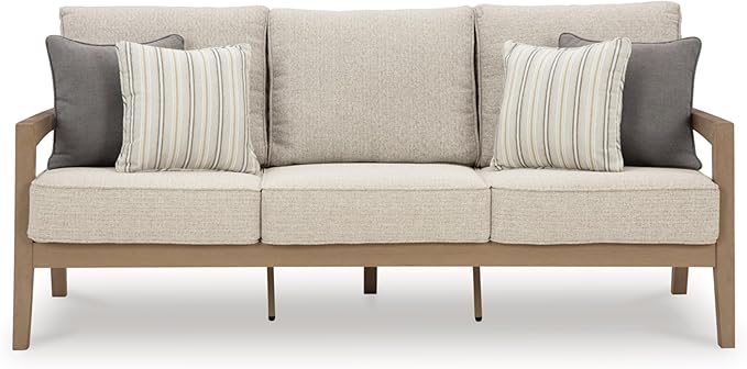 Signature Design by Ashley Hallow Creek Cottage Nuvella Weather Resistant Fabric Outdoor Sofa with Cushion and 4 Throw Pillows, Light Brown & Beige