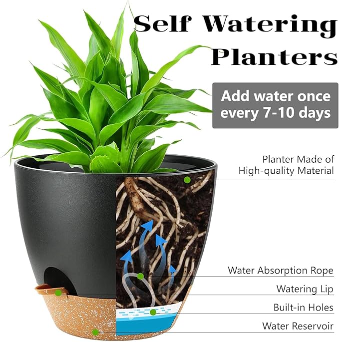 4-Pack Plant Pots with Drainage 6.5/6/5.5/5 Inch, Self Watering Pots for Indoor Plants, Planters for Indoor Outdoor Plants, Plastic Flower Pot, Planter for Indoor Outdoor (Black)
