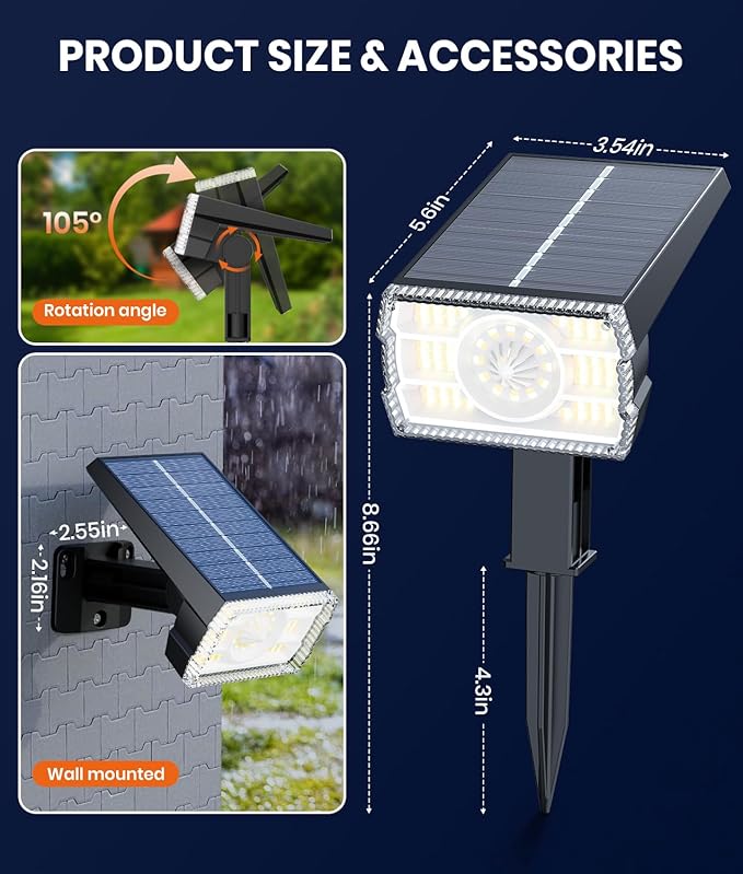 1 Pack Solar Spotlights Outdoor Waterproof IP67,Adjustable Wall&Ground Solar Lights Powered with 3 Colors, 3 Modes, Dusk to Dawn for Pathway/Garden/Yard/Patio/Driveway/Landscape Lighting Outside Décor