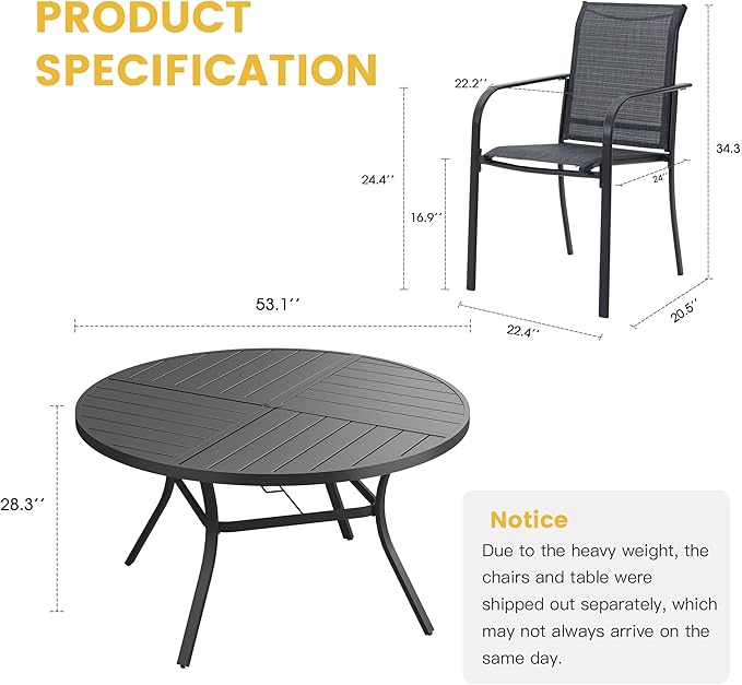 VICLLAX Patio Table and Chair Set of 8, All Weather Metal Round Outdoor Dining Furniture Set-53 Round Outdoor Table and Chairs, Black Tabletop