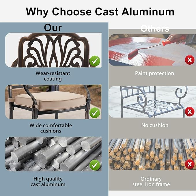 5-Piece Cast Aluminum Patio Furniture, Outdoor Dining Sets for 4 Include 54" Round Patio Dining Table and 4 Stackable Chairs with Cushions & Umbrella Hole (Bronze)