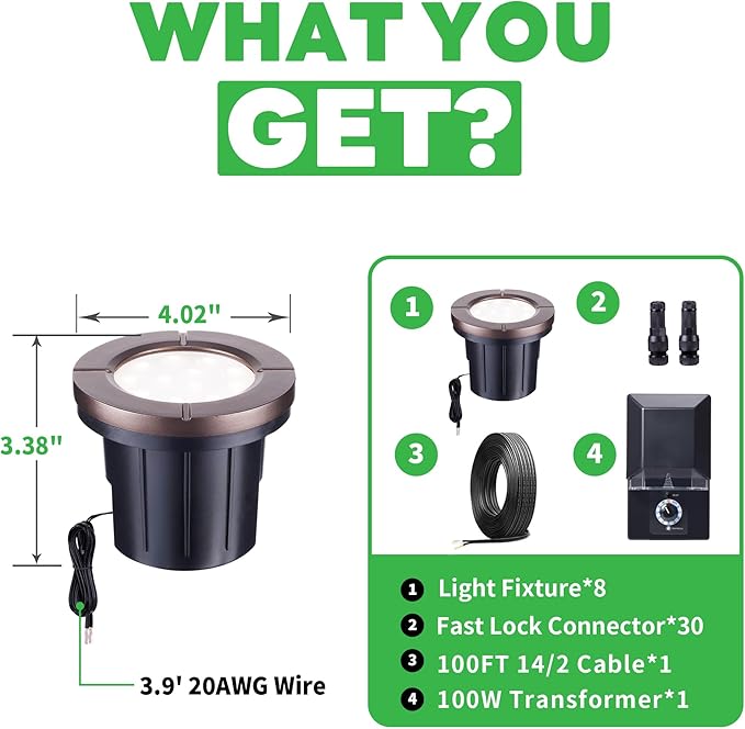 Landscape Well Light Kit, 8 Pack LED Low Voltage In Ground Lights and 100W Transformer and 100FT Cable and 30 Wire Connectors, IP67 Waterproof 12V Outdoor, Aluminum for Sidewalk Tree Path