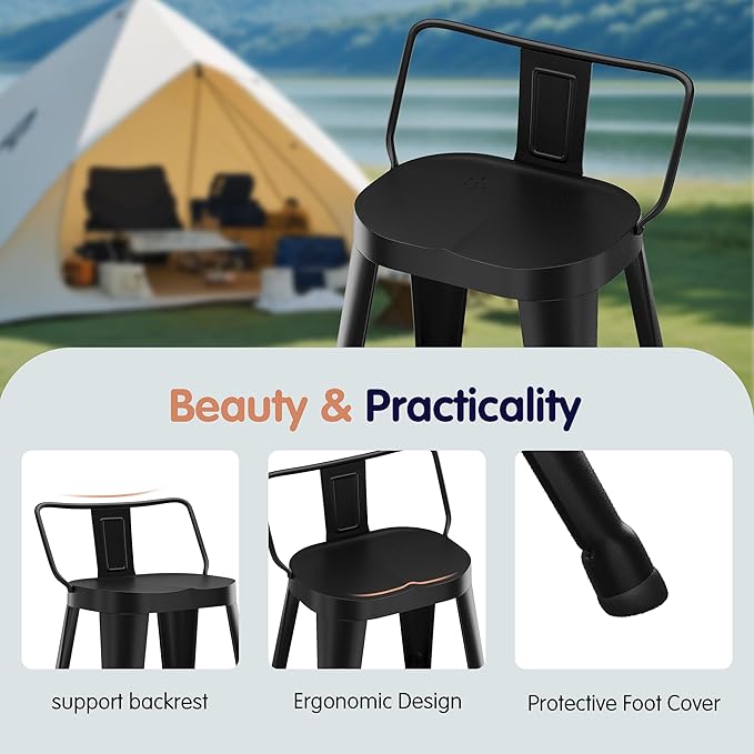 Aklaus Metal Bar Stools Set of 4 Counter Height Bar Stools for Kitchen Island Farmhouse Barstools with Removable Back 30" Indoor Outdoor Barstools, Matte Black