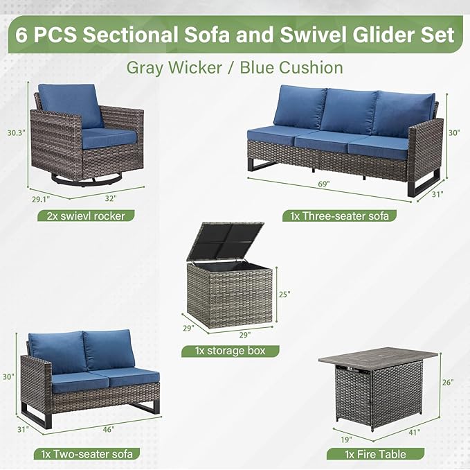 Belord 6-Piece Outdoor Sectional Furniture Set with 41” Fire Pit Table, 5-Seater Patio Furniture Set with Swivel Glider Chairs & Storage Box, 50000 BTU Propane Fire Pit Table, All-Weather PE Wicker