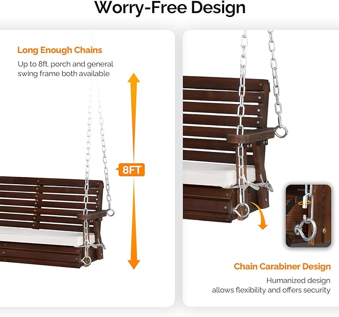 VINGLI Wooden Porch Swing, Heavy Duty 880 LBS Hanging Patio Bench with Extra Cushion for Lawn| Garden| Courtyard (Rustic, 5 feet)