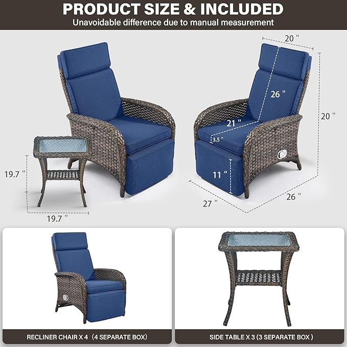 Belord 7 Piece Wicker Patio Furniture Set - 4 Adjustable Outdoor Recliner Chairs with 3 Side Table Patio Conversation Set,155° Lay Flat Chaise Lounge Chair Outdoor for Pool Deck Brown