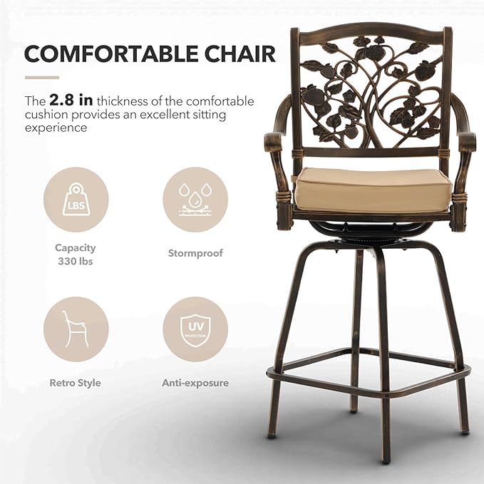 3 Piece Swivel Outdoor Table and Chairs Bar Set , All-Weather Cast Aluminum Outdoor High Top Patio Bar Set Bistro Set, High Swivel Stools with Cushions Umberlla Hole for Balcony, Poolside,Garden,Lawn