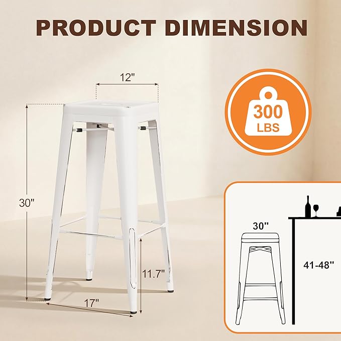 Shahoo 30 Inches Metal Bar Stools Counter Height Stackable Backless Stools, Industrial Patio Stools Indoor Outdoor Metal Kitchen Stools Set of 4 (Distressed White, 30'')