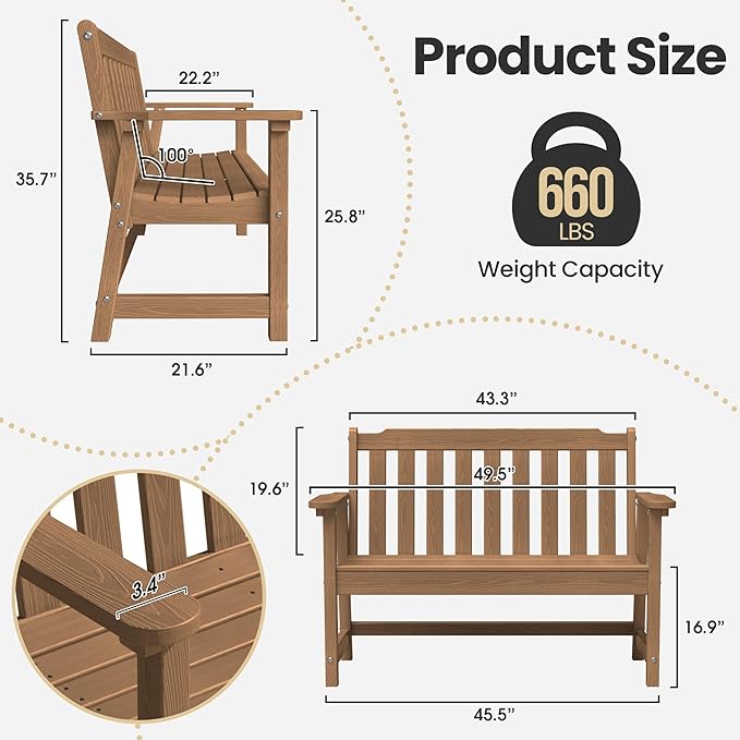 Ciokea 49" Heavy Duty Outdoor Bench, HDPE Weatherproof Porch Benches, Durable 2-Person Garden Benches with 660 Lbs, Waterproof Patio Bench for Outside Balcony Deck Backyard, Teak