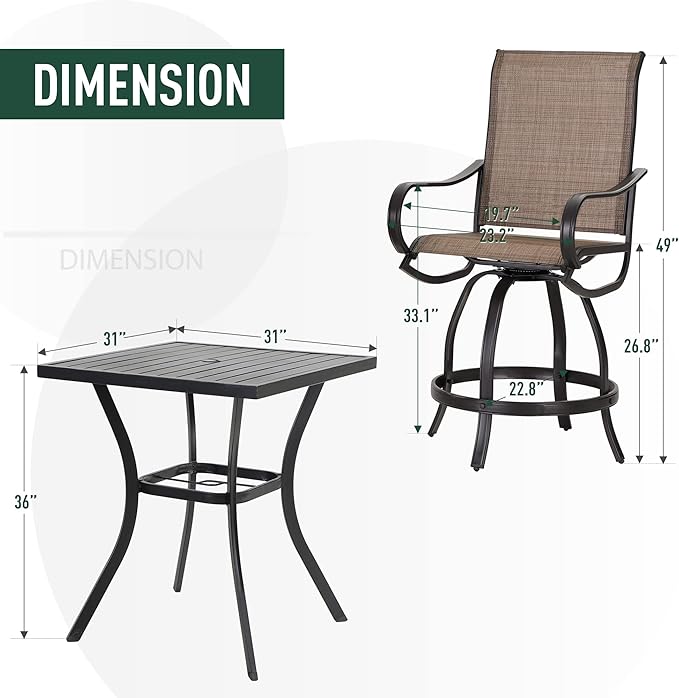 PHI Villa 3 Piece Outdoor Bar Set, Counter Height Patio Bar Bistro Table and Swivel Bar Stools Chairs with All Weather Brown Textilene Fabric for Garden, Yard, Poolside