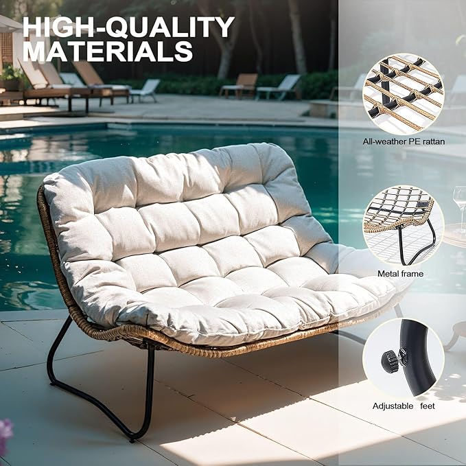 Crestlive Products Outdoor Loveseat 3PCS, Outdoor Sofa Set, All-Weather Boho Rattan Patio Furniture with Soft Cushion for Balcony, Poolside, Backyard (Without Table)