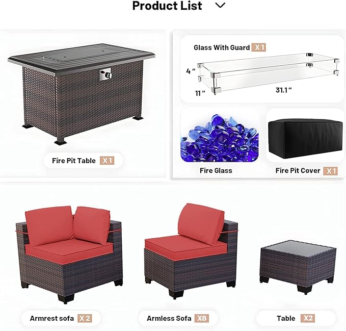 Kullavik 15 Pieces Outdoor Patio Furniture Set with 43" 55000BTU Gas Propane Fire Pit Table PE Wicker Rattan Sectional Sofa Patio Conversation Sets,Red