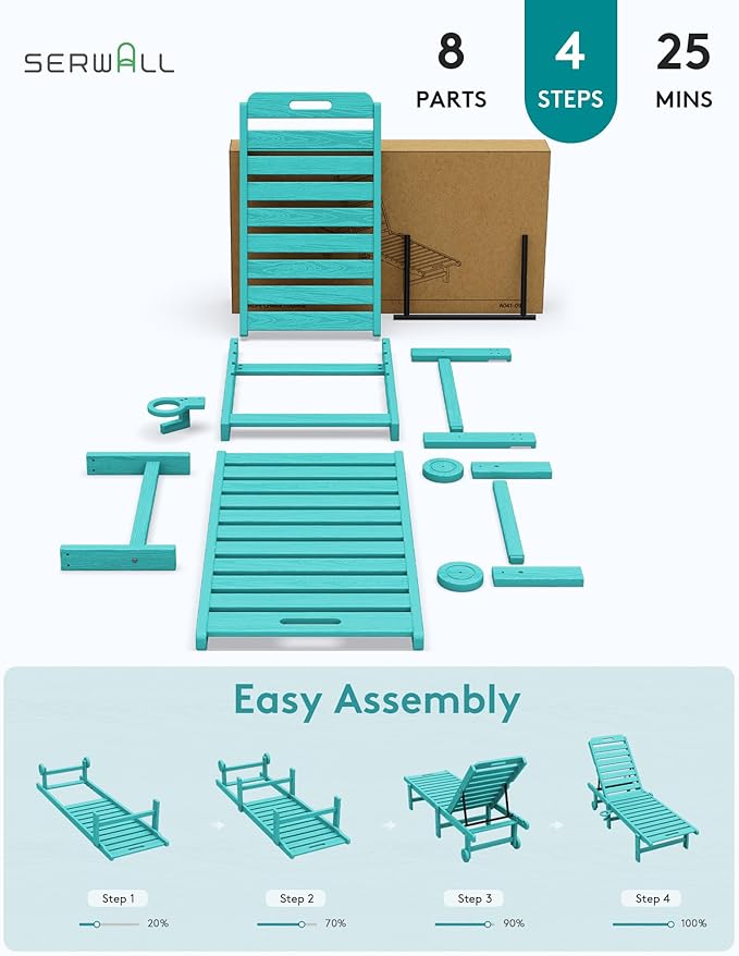 SERWALL Patio Chaise Lounge Chair, HDPE Outdoor Lounge Chair with Cup Holder, 5 Positions Adjustable Poly Lounger with Rolling Wheels for Poolside, Deck, Sunbathing, Aruba