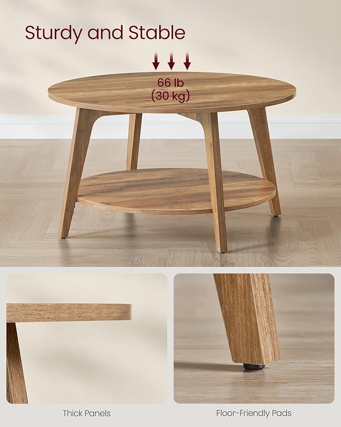 VASAGLE MAEZO Collection - Round Coffee Table, 2-Tier Center Table with Storage, Tapered Legs, Curved Transitions, 31.5 Dia. x 17.7 H Inches, Easy Assembly, for Living Room, Honey Brown ULCT243K41