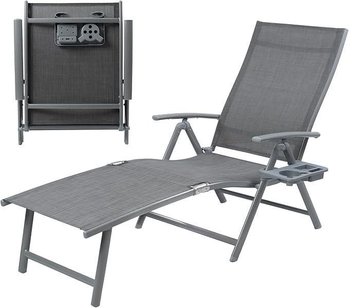 Kozyard Aluminum Outdoor Chaise Lounge Chair, Adjustable Reclining Patio Lounge with Drink Holder, Weather-Resistant Pool, Deck & Yard Recliner,Assemble-Free, Gray