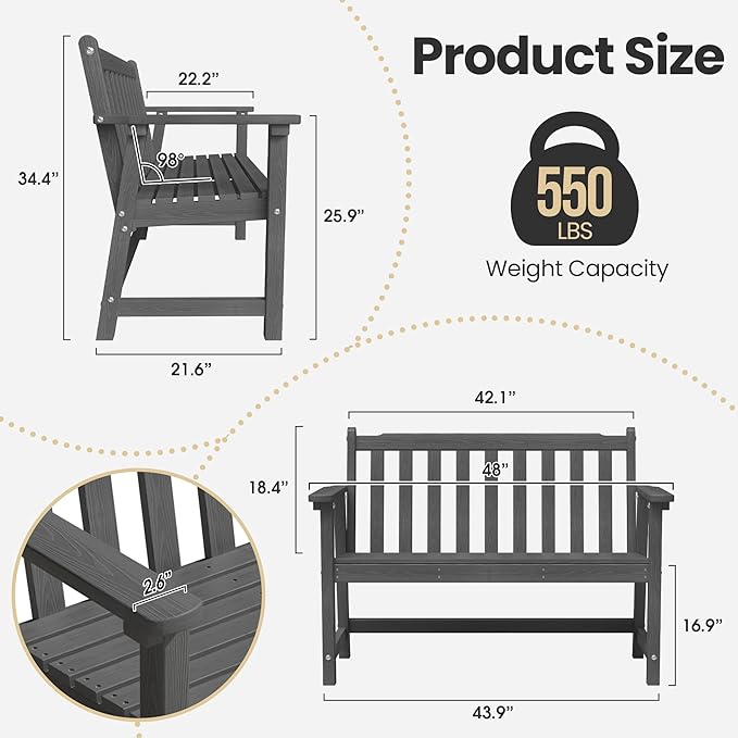 Ciokea 48" Outdoor Bench, HDPE Weatherproof Porch Bench, 2-Person Garden Benches with 550 Lbs, Waterproof Patio Benches for Outside Balcony Deck Backyard, Dark Grey