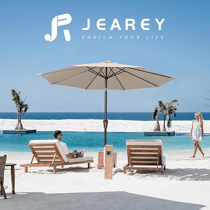JEAREY 9FT Outdoor Patio Umbrella Market Umbrella with Push Button Tilt and Crank, Outdoor Table Umbrellas 8 Sturdy Ribs UV Protection Waterproof for Garden, Deck, Backyard, Pool (Cream Beige)