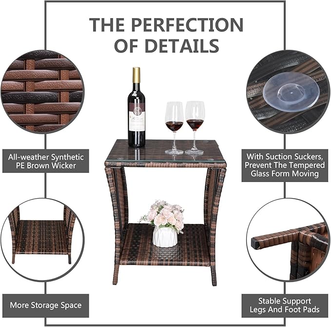 VINGLI Outdoor Wicker Side Table Patio Side Tables for Outside, Tempered Glass Top Wicker Table with Storage End Table for Balcony Porch Deck (Brown)