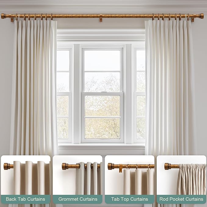 2 Pack Retro Gold Curtain Rods Set for Windows 66 to 120 Inches Adjustable Length Heavy Duty 1" Diameter Window Curtain Rod with Decorative Finials for Outdoor Bedroom Kitchen Living Room Farmhouse