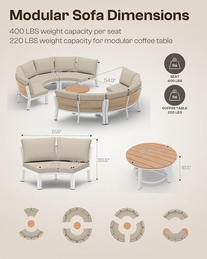 Outdoor Patio Furniture Set, 7 Piece Aluminum Curved Outdoor Sectional Sofas with Modular Coffee Table, PE Rattan Patio Conversation Sets, All-Weather Patio Couch Sets with Cushions, White