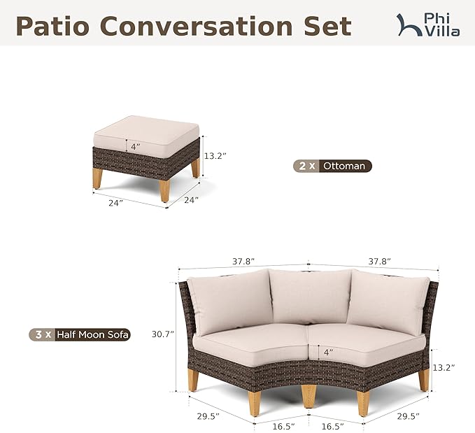 PHI VILLA 4-Piece Curved Patio Furniture Set, Half-Moon Wicker Sectional Furniture Sofa Set for 8 Seats with Cushioned 3 x Curved Sectionals and 2 x Ottoman, Beige