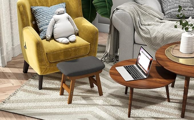 Gray Foot Stools Ottoman, Small Soft Footrest Ottoman with Wood Legs, Wood Foot Stool for Living Room, Bedroom, and Kitchen
