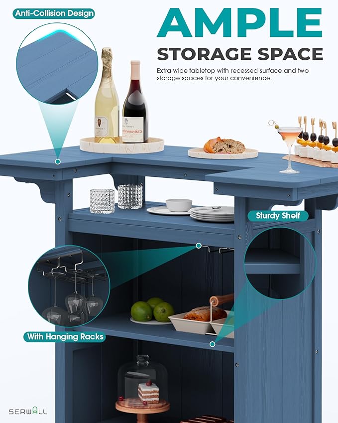SERWALL Outdoor Bar Table Set (1 Table with 2 Chairs) – HDPE Blue Patio Bar Cabinet with 4-Tier Storage & Spacious Tabletop, Perfect for Outdoor, Poolside, Backyard