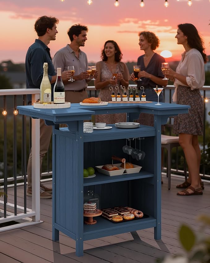 SERWALL Outdoor Bar Table Set (1 Table with 2 Chairs) – HDPE Blue Patio Bar Cabinet with 4-Tier Storage & Spacious Tabletop, Perfect for Outdoor, Poolside, Backyard