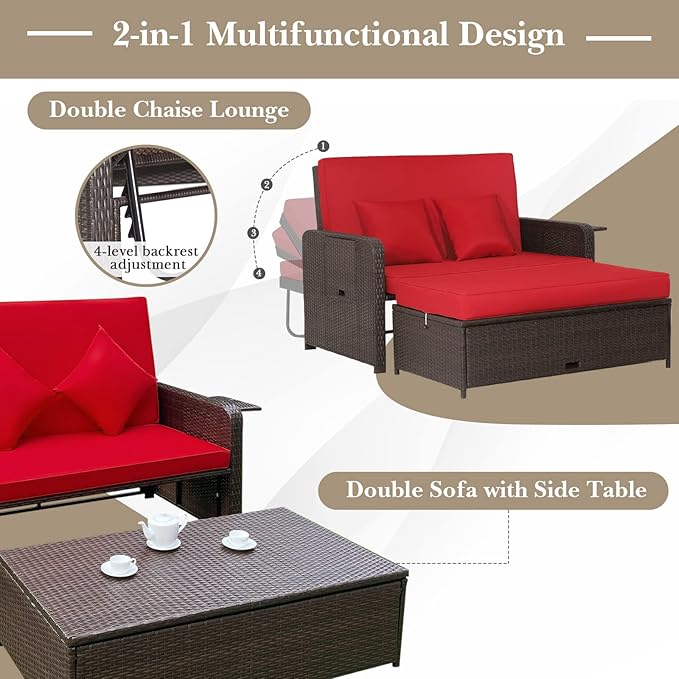 HAPPYGRILL Patio Rattan Wicker Daybed with Loveseat & Storage Ottoman, Outdoor Lounge Sofa Furniture Set with Adjustable Backrest & Side Trays, for Poolside Deck Porch Lawn (Mix Brown & Red)