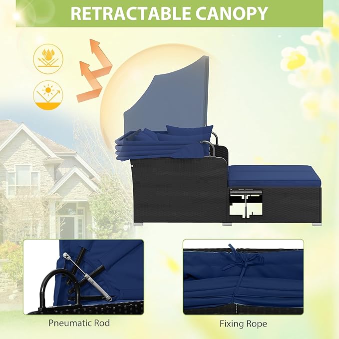 ORALNER Outdoor Daybed, 2-Person Wicker Patio Sofa with Retractable Canopy, Cushions & Pillows, 2 Side Trays, PE Rattan Sunbed Double Lounger for Deck Poolside Garden Balcony (Navy)