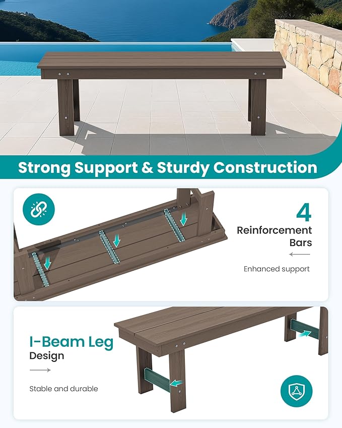 SERWALL 2-Person Outdoor Bench Backless, HDPE Outdoor Benches Weatherproof, 700 Lbs Weight Capacity, Poly Lumber Patio Furniture for Garden, Porch and Park, Coffee