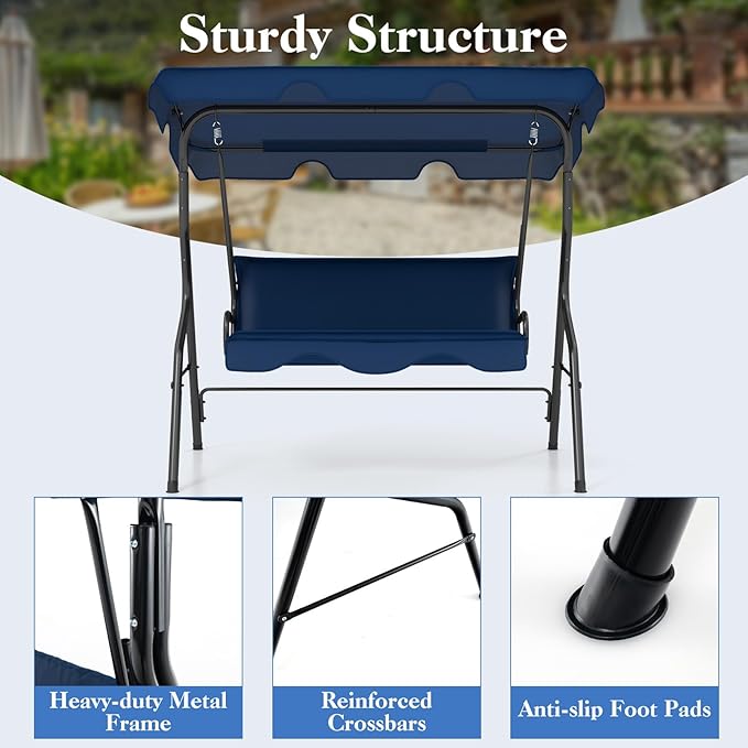 Porch Swing Outdoor, 3 Person Patio Swing w/Removable Cushion, Stand & Adjustable Canopy, Heavy Duty Swing Chair for Patio, Garden, Courtyard, Poolside