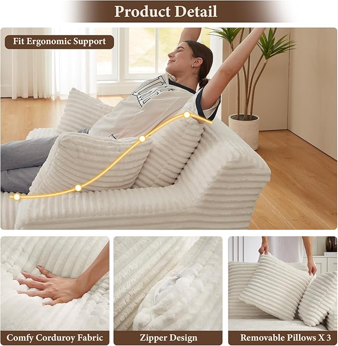 78.7" Chaise Lounge Chair Indoor, Oversized Boneless Couch Comfy Upholstered Sleeper Sofa Bed with 3 Pillows, Corduroy Cloud Reading Chair for Living Room No Assembly Required, White
