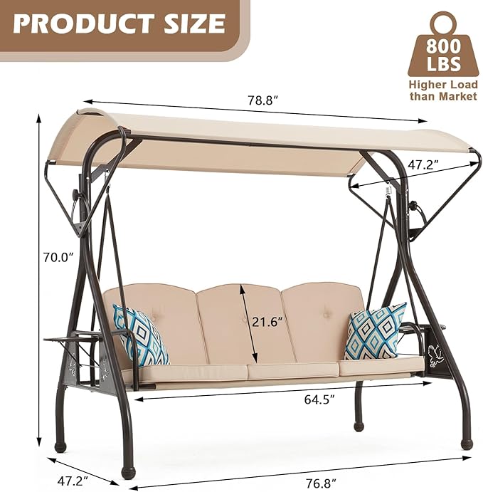 800LBS Patio Swing with Canopy 3 Seat Outdoor Porch Swing with Stand w/Cup Holder & Pillow Glider Chair Swing Bed for Patio Backyard Poolside (Khaki)