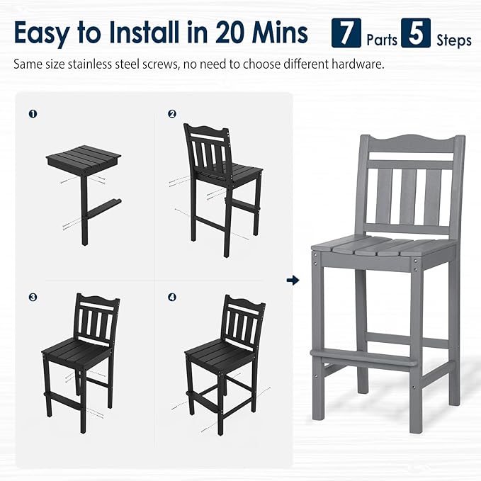 nalone Outdoor Bar Stools Set of 2, HDPE Tall Adirondack Chairs Bar Chairs, Weather Resistance Bar Height Chair for Balcony, Garden, Yard, Backyard (Grey, Bar Chairs Set of 2)